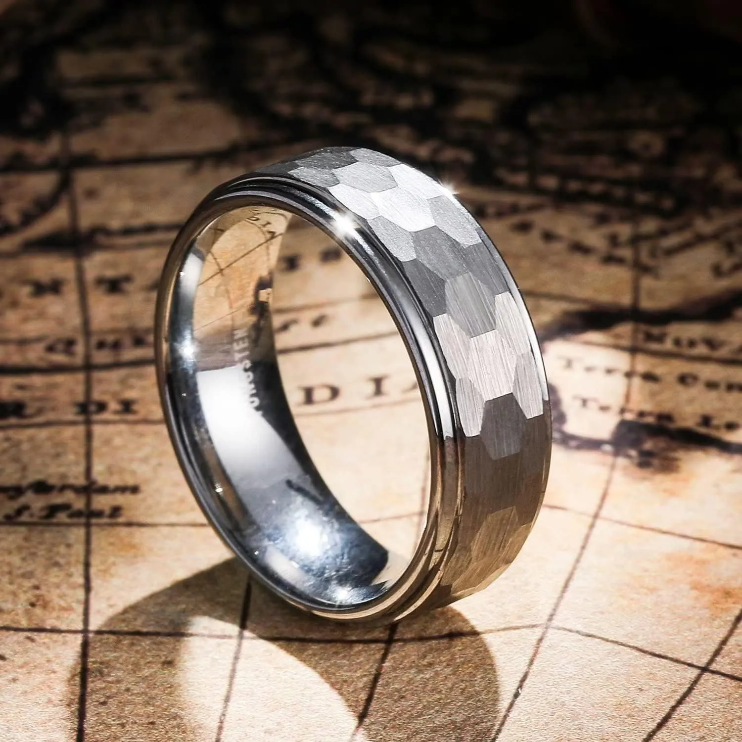King Will Hammered 8mm Silver Tungsten Ring Hammer Multi-Faceted Men Wedding Band Polished Domed Brushed Step Edge Comfort Fit