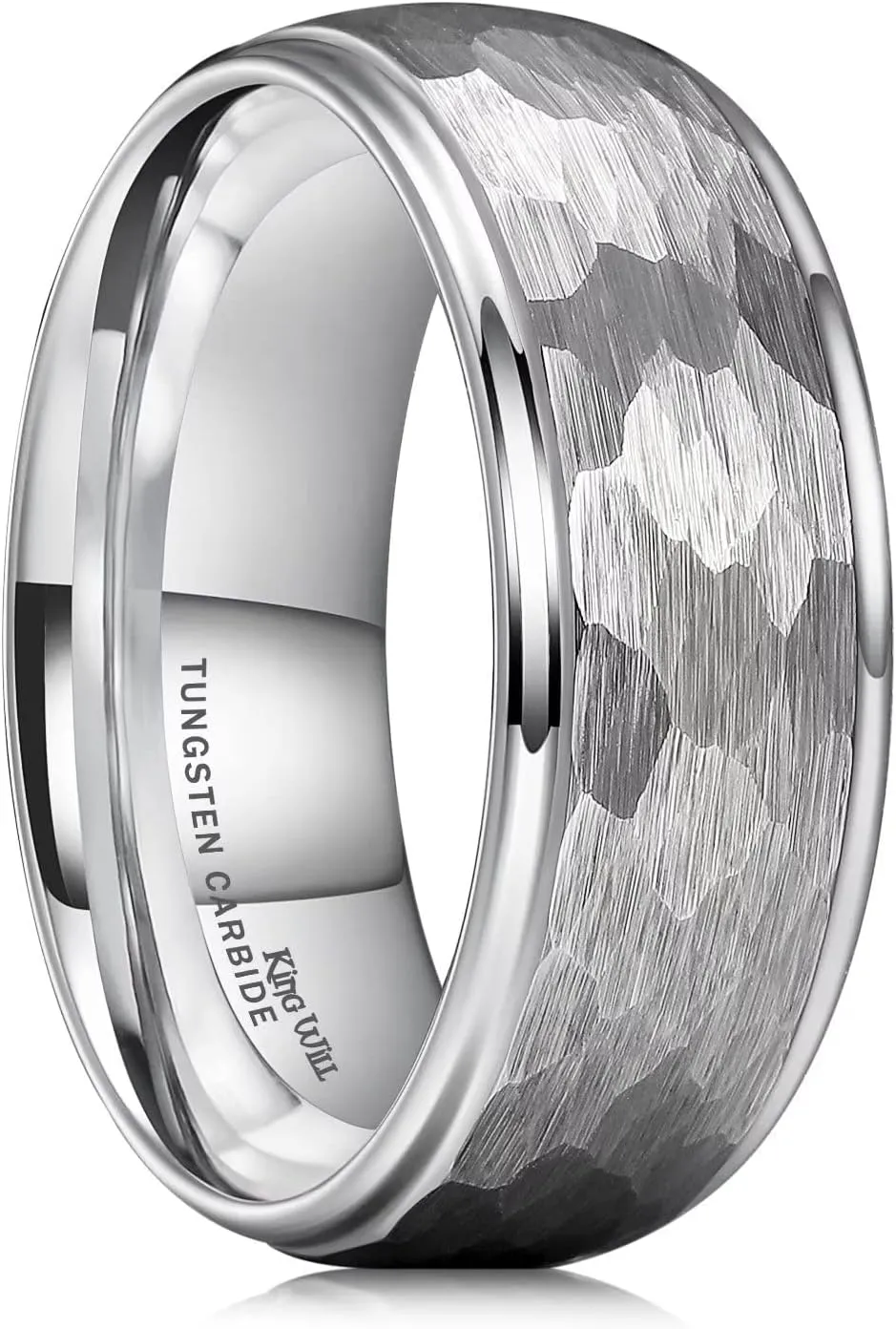 King Will Hammered 8mm Silver Tungsten Ring Hammer Multi-Faceted Men Wedding Band Polished Domed Brushed Step Edge Comfort Fit