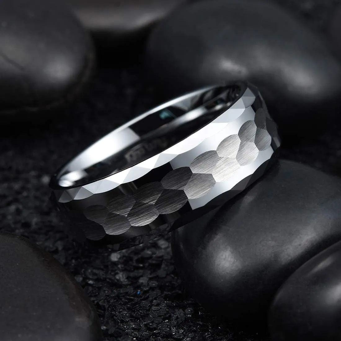 King Will Hammered 8mm Silver Tungsten Ring Hammer Multi-Faceted Men Wedding Band Polished Domed Brushed Step Edge Comfort Fit