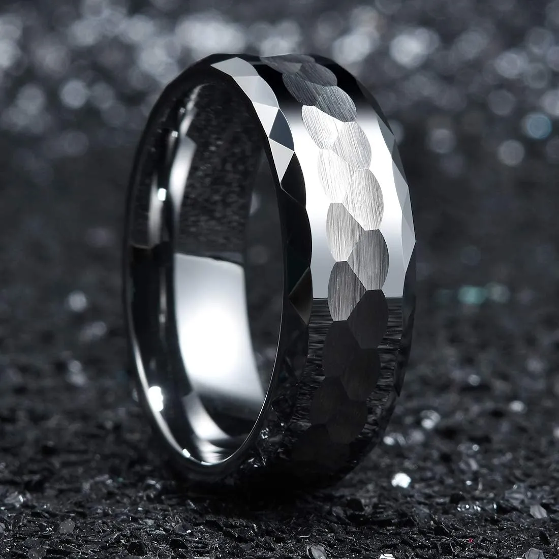 King Will Hammered 8mm Silver Tungsten Ring Hammer Multi-Faceted Men Wedding Band Polished Domed Brushed Step Edge Comfort Fit