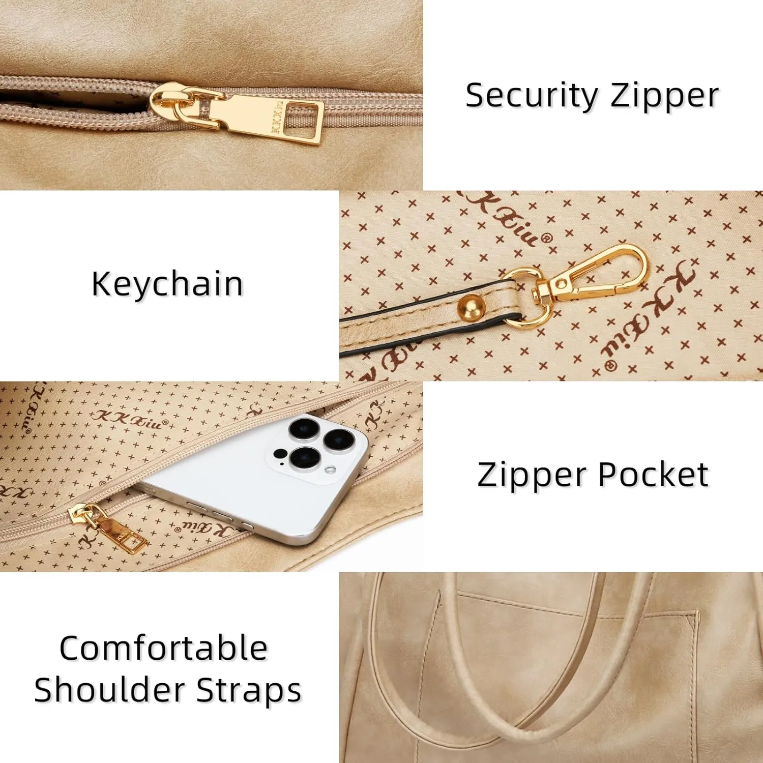 KKXIU Large Tote Bag for Women with Zipper Work Leather Travel Purse and Handbags
