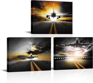 KREATIVE ARTS 3 Pieces Airplane Taking Off Canvas Wall Art - Retro Style Aircraft & Sunset Prints, Modern Home and Office Decor, Framed & Ready to Hang Each Panel 12x16''