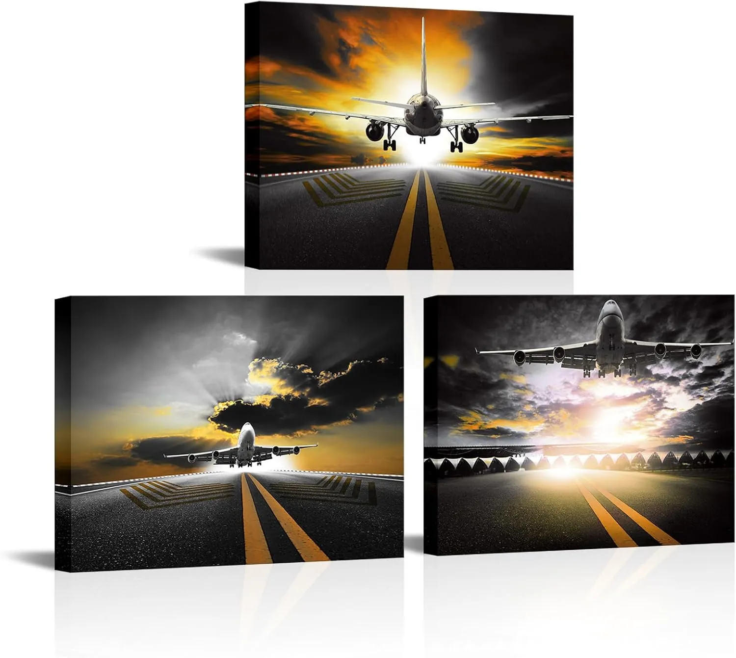 KREATIVE ARTS 3 Pieces Airplane Taking Off Canvas Wall Art - Retro Style Aircraft & Sunset Prints, Modern Home and Office Decor, Framed & Ready to Hang Each Panel 12x16''