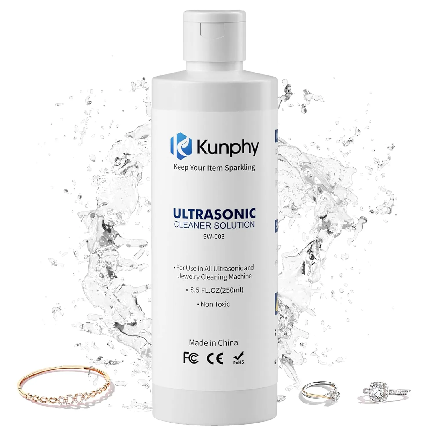 kunphy Sonic Jewelry Cleaner - Effective Solution for Cleaning Gold, Silver, Platinum, Diamonds, and Eyeglasses Watch, 8.5 oz (250 ml)