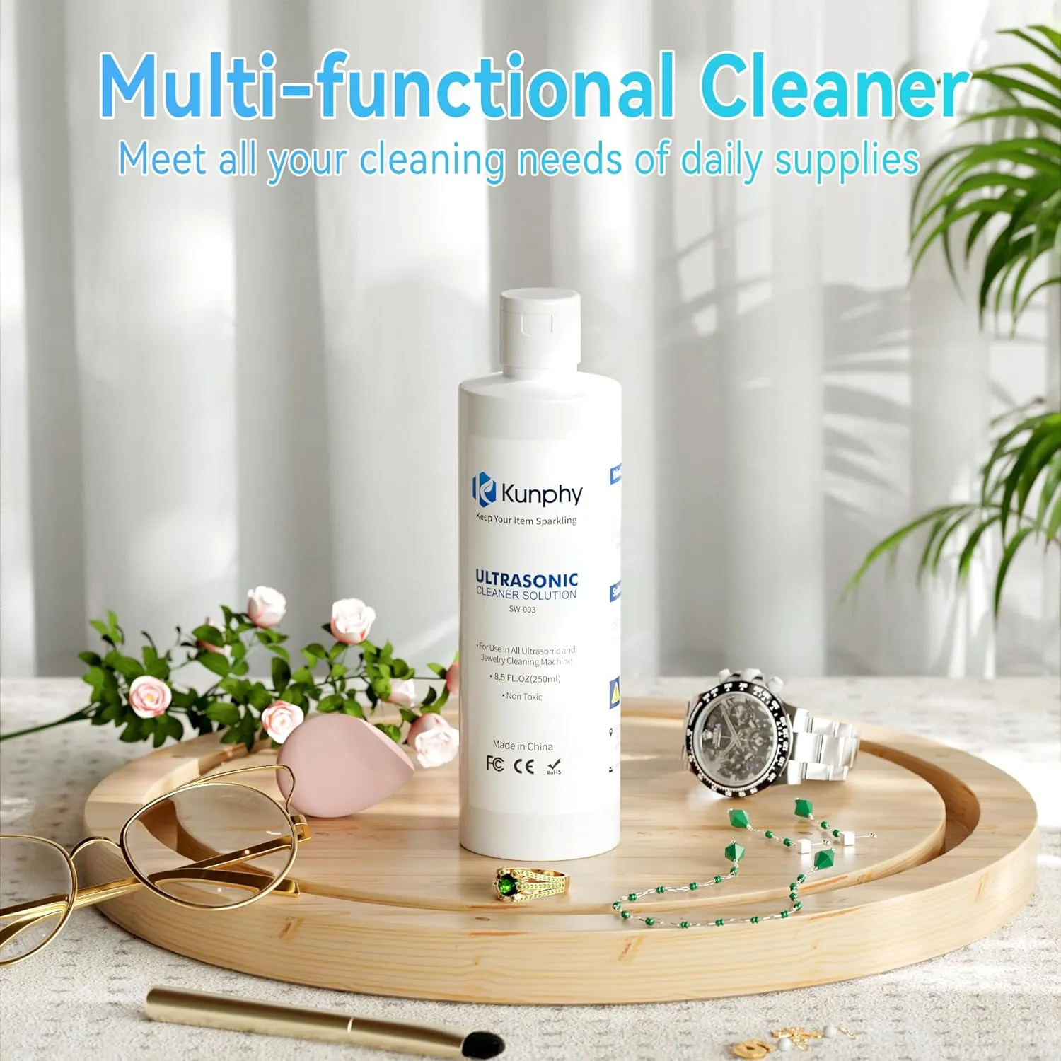 kunphy Sonic Jewelry Cleaner - Effective Solution for Cleaning Gold, Silver, Platinum, Diamonds, and Eyeglasses Watch, 8.5 oz (250 ml)