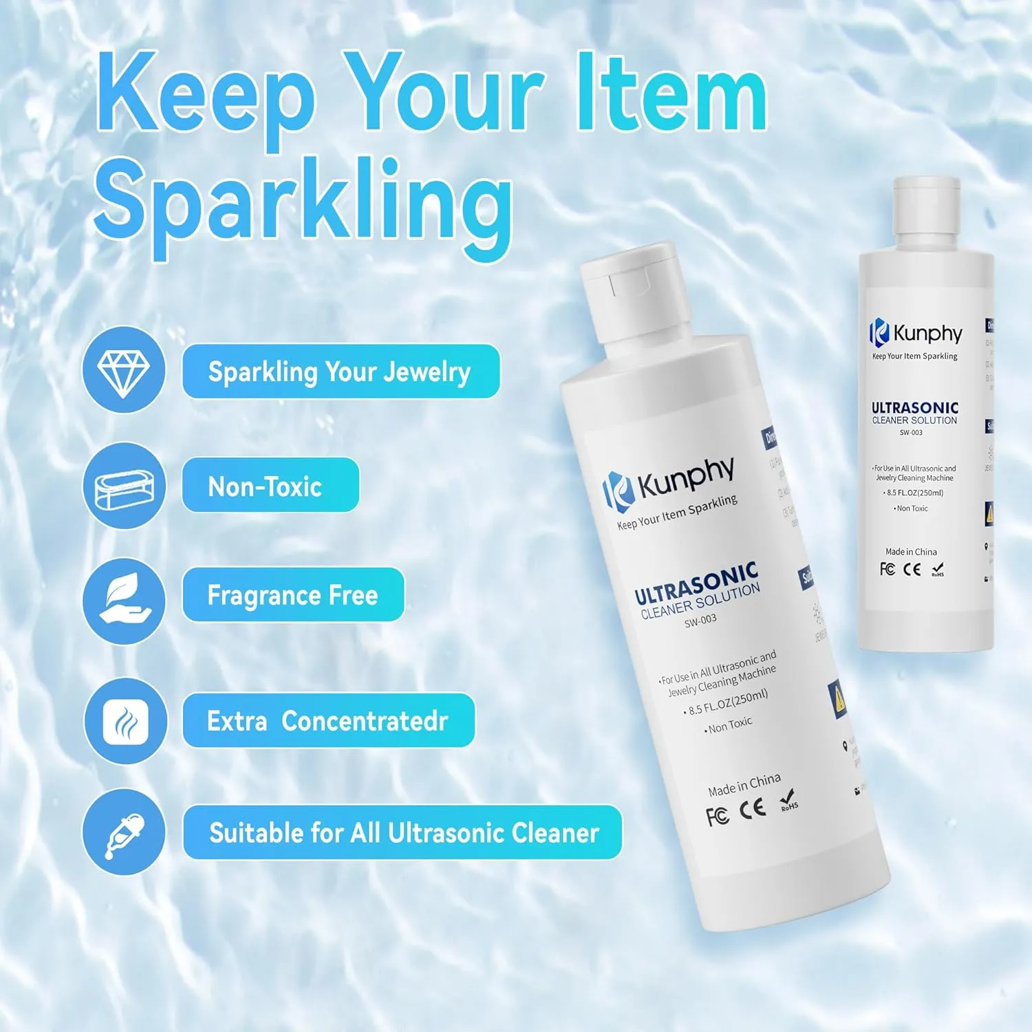 kunphy Sonic Jewelry Cleaner - Effective Solution for Cleaning Gold, Silver, Platinum, Diamonds, and Eyeglasses Watch, 8.5 oz (250 ml)