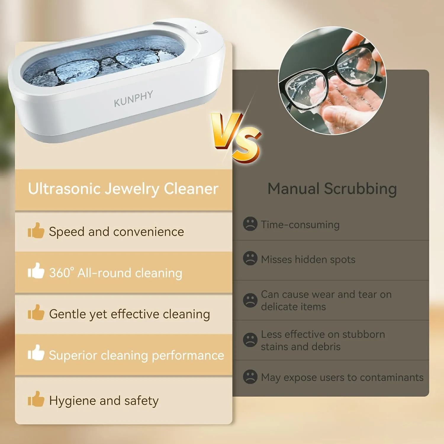 KUNPHY Ultrasonic Jewelry Cleaner Machine, 46KHZ, 12OZ Capacity, with 50ml Solution, Sonic Jewelry Cleaner with One-Touch Operation, Professional Sonic Cleaner Idea for Jewelry Eyeglasses, Rings