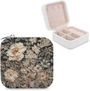 Lace Embroidery Floral Jewelry Box Travel Jewelry Organizer Multi-functional Mini Travel Case Holder for Women Stud Earrings Rings Necklaces Pendant Bracelets Storage