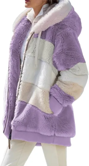 Lamb Wool Padded Coat, Contrasting Lamb Wool Padded Coat, Loose Thick Plush Hooded Jackets