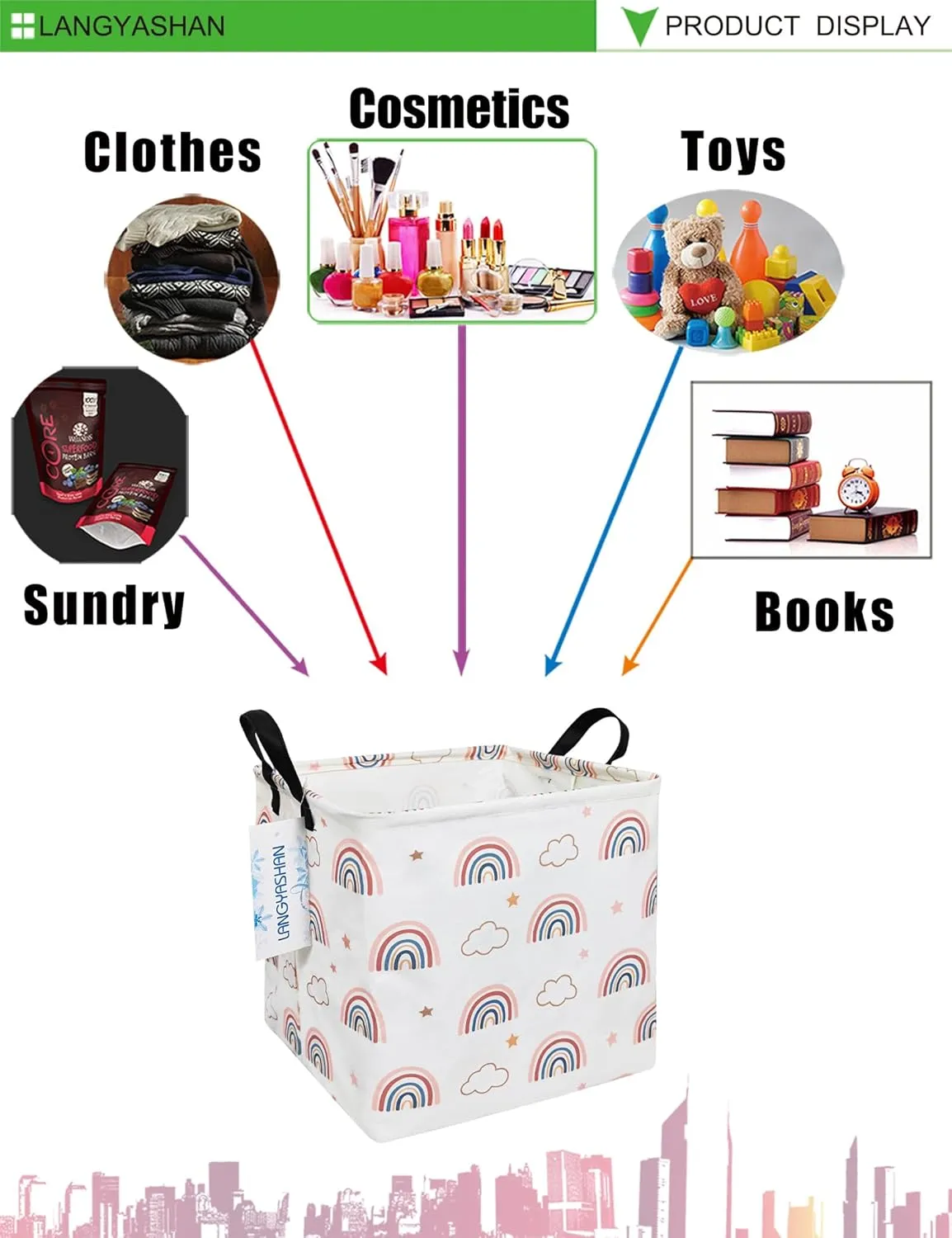 LANGYASHAN Square Storage Baskets Waterproof Canvas Children Laundry Nursery Hamper for Shelves Gift Baskets Toy Organizer Room Decor (Square Cloud Rainbow)