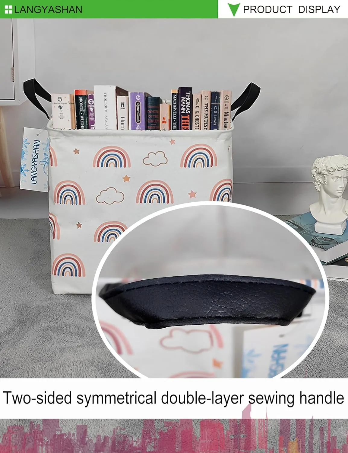 LANGYASHAN Square Storage Baskets Waterproof Canvas Children Laundry Nursery Hamper for Shelves Gift Baskets Toy Organizer Room Decor (Square Cloud Rainbow)