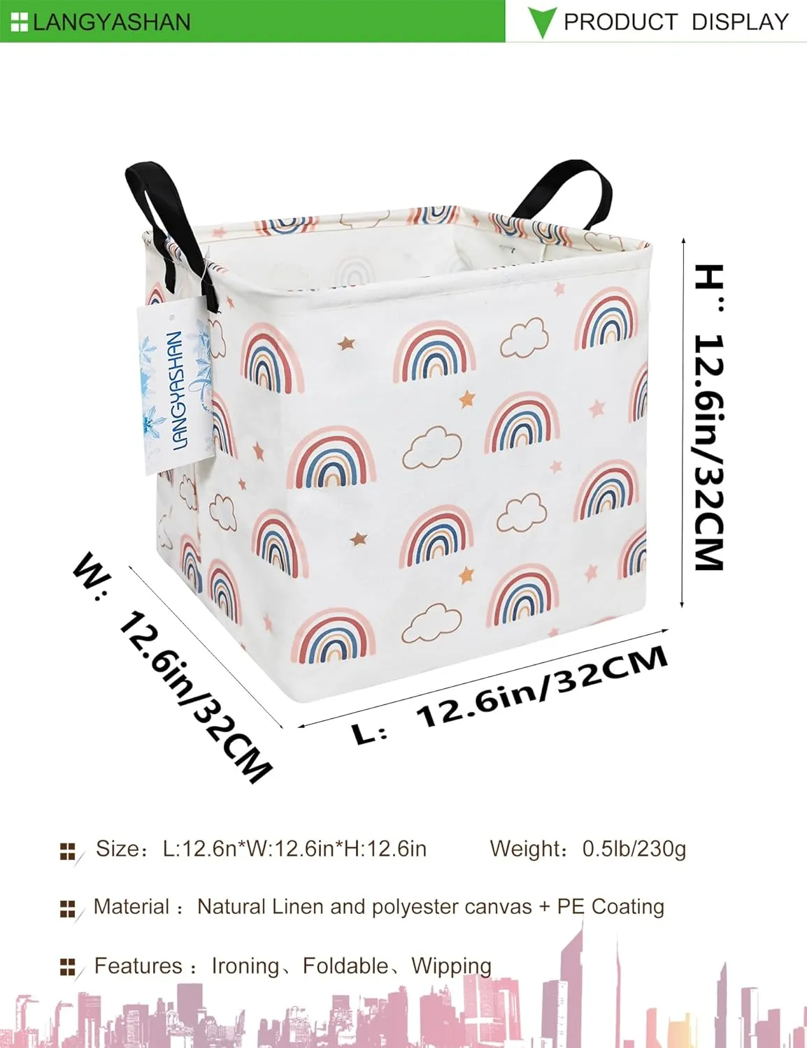 LANGYASHAN Square Storage Baskets Waterproof Canvas Children Laundry Nursery Hamper for Shelves Gift Baskets Toy Organizer Room Decor (Square Cloud Rainbow)