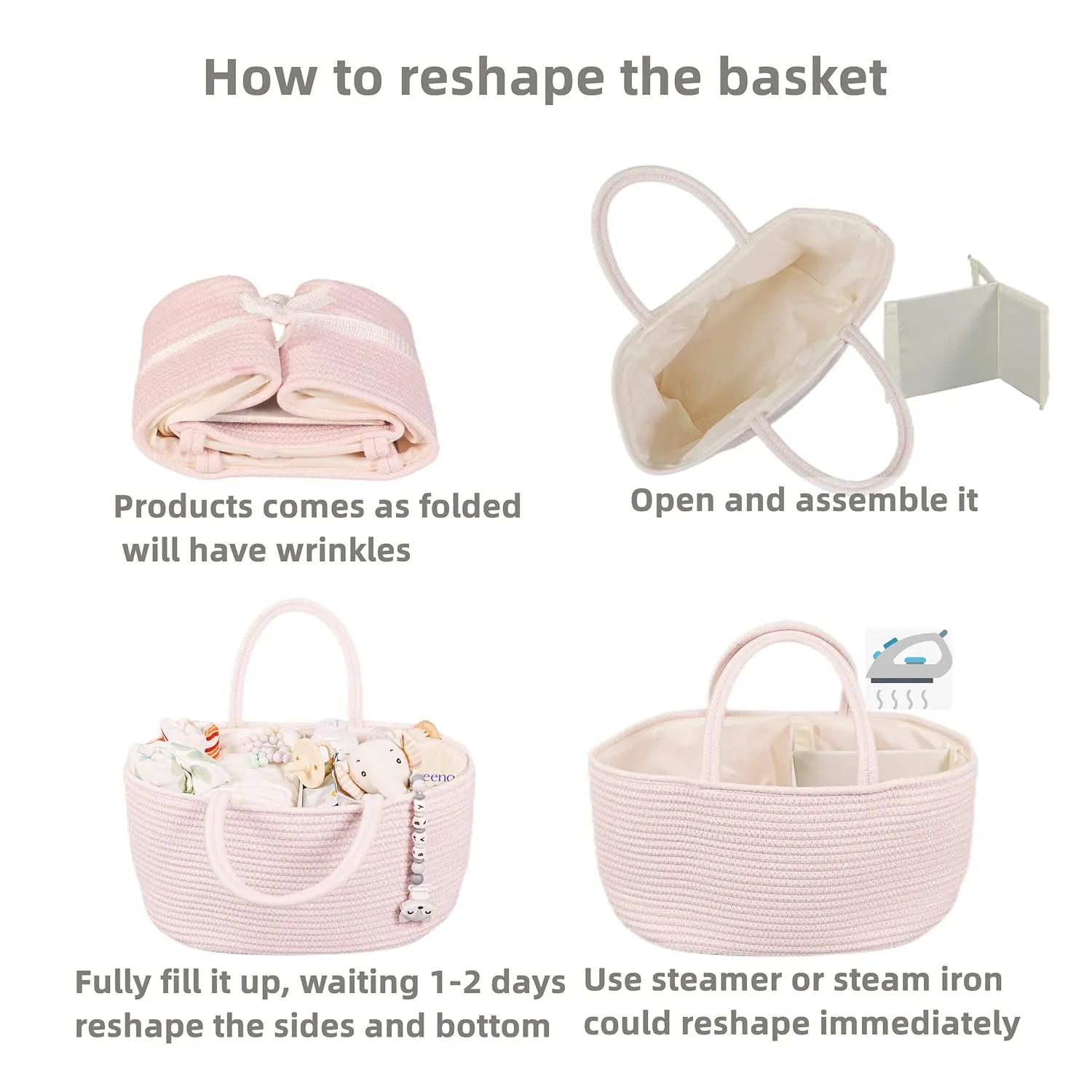 Large Baby Diaper Caddy Organizer for Girl Boy Rope Nursery Storage Bin Basket Portable Holder Tote Bag for Changing Table Car Travel Baby Shower Gifts Newborn Essentials Registry Must Haves Pink