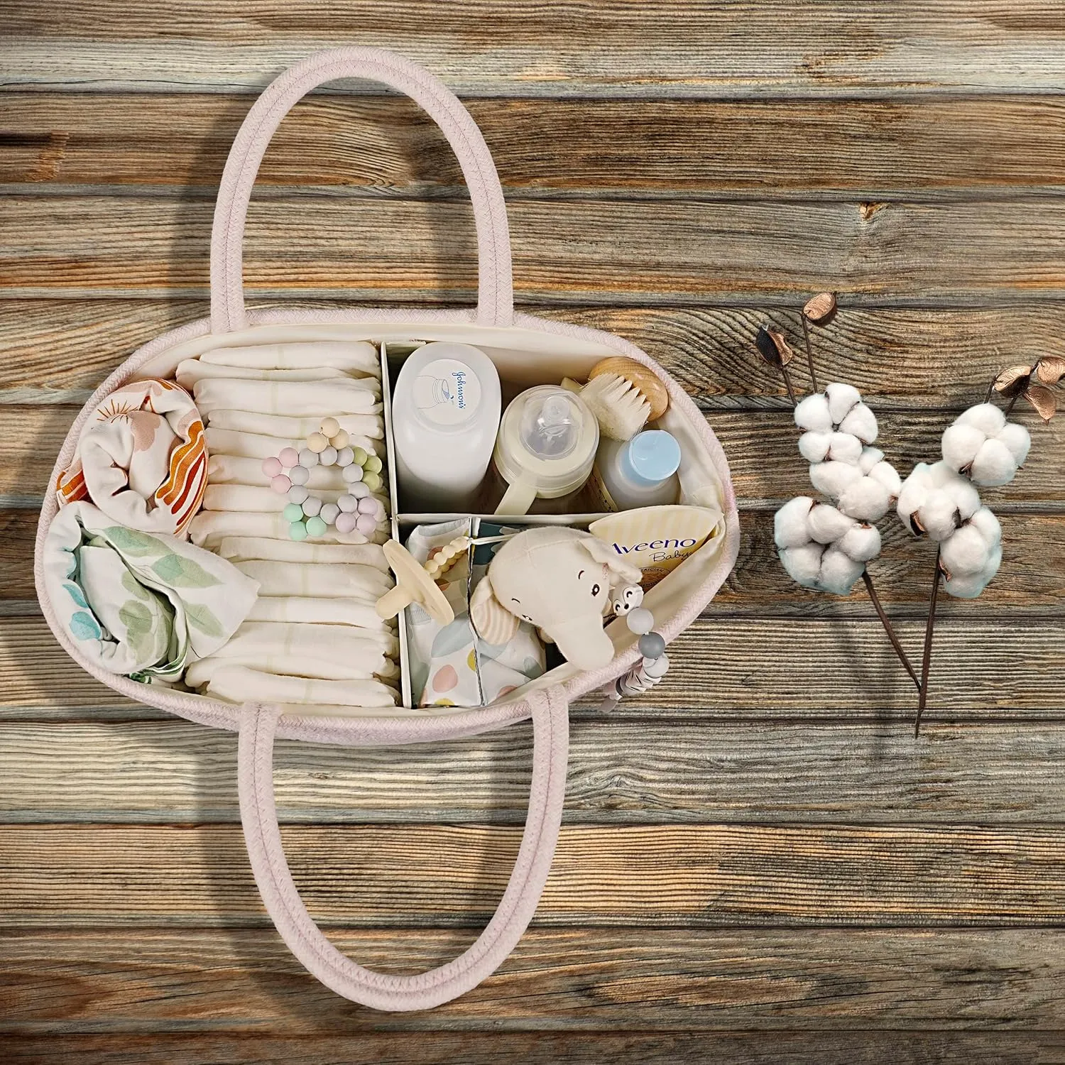 Large Baby Diaper Caddy Organizer for Girl Boy Rope Nursery Storage Bin Basket Portable Holder Tote Bag for Changing Table Car Travel Baby Shower Gifts Newborn Essentials Registry Must Haves Pink
