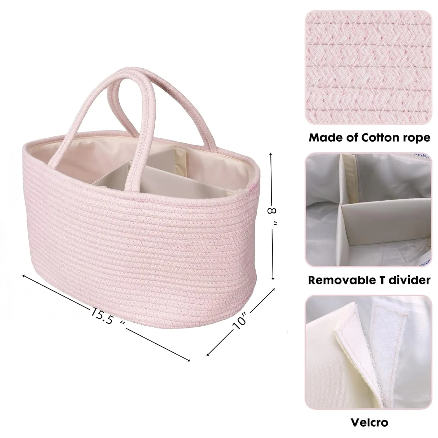Large Baby Diaper Caddy Organizer for Girl Boy Rope Nursery Storage Bin Basket Portable Holder Tote Bag for Changing Table Car Travel Baby Shower Gifts Newborn Essentials Registry Must Haves Pink