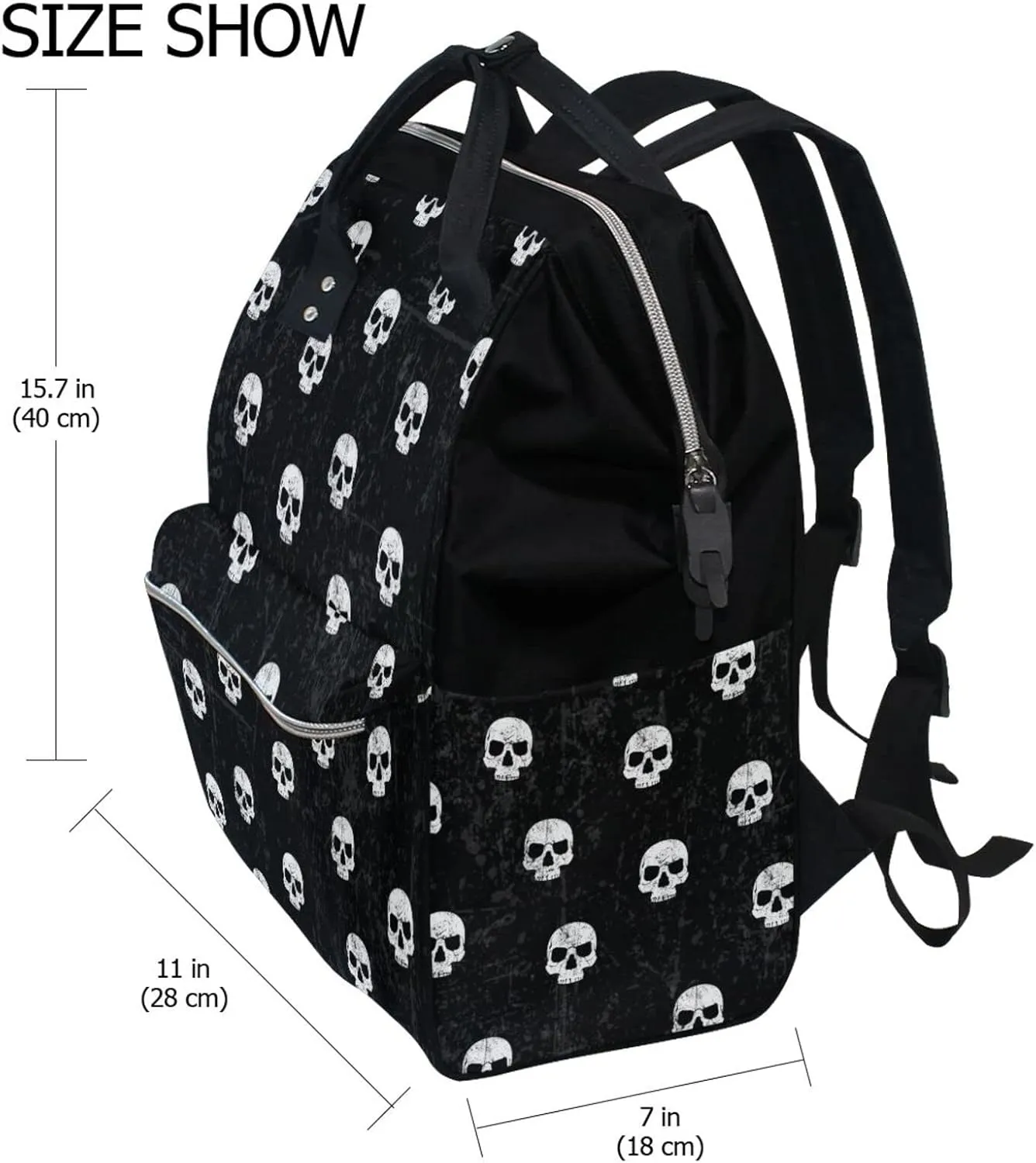 Large Capacity Baby Diaper Bag Black White Skulls Pattern Durable Multi Function Travel Backpack