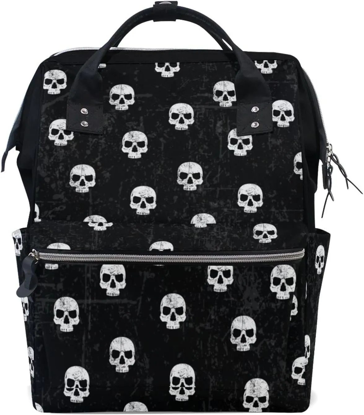 Large Capacity Baby Diaper Bag Black White Skulls Pattern Durable Multi Function Travel Backpack