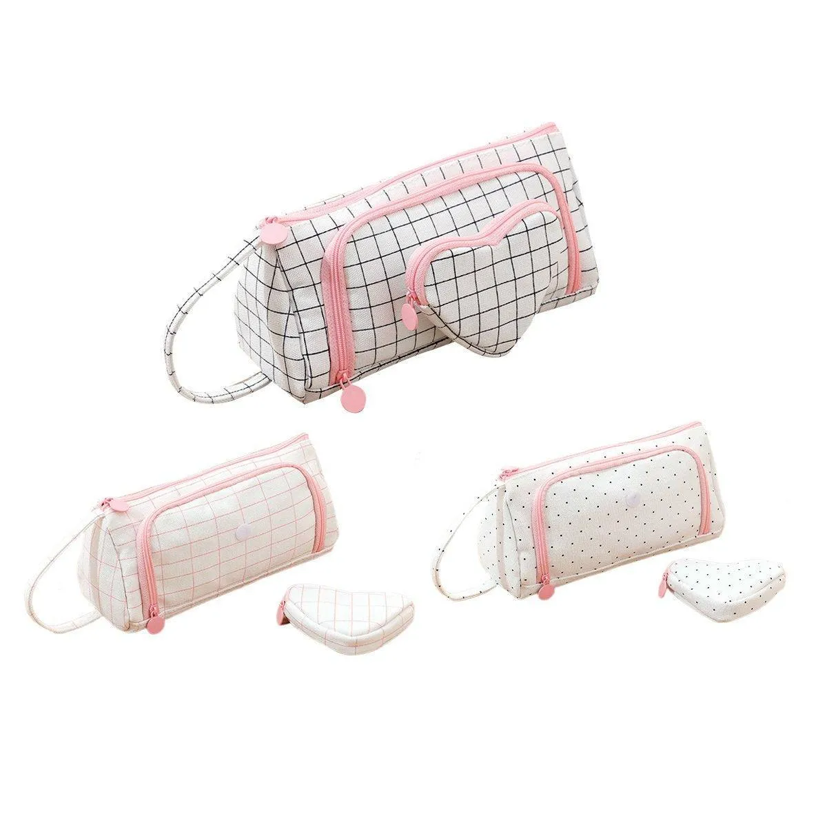 Large Capacity Canvas Pencil Case Plaid Multi-functional Portable Stationery Bag