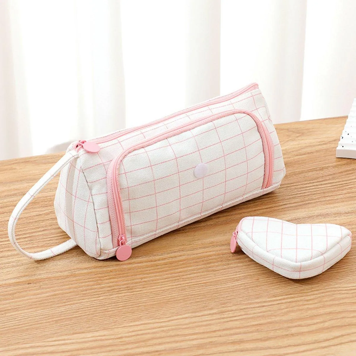 Large Capacity Canvas Pencil Case Plaid Multi-functional Portable Stationery Bag