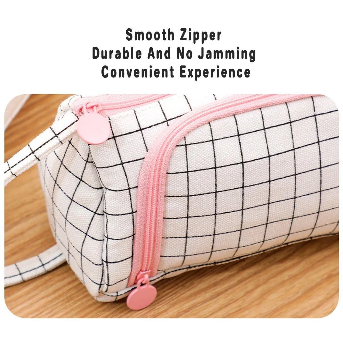 Large Capacity Canvas Pencil Case Plaid Multi-functional Portable Stationery Bag