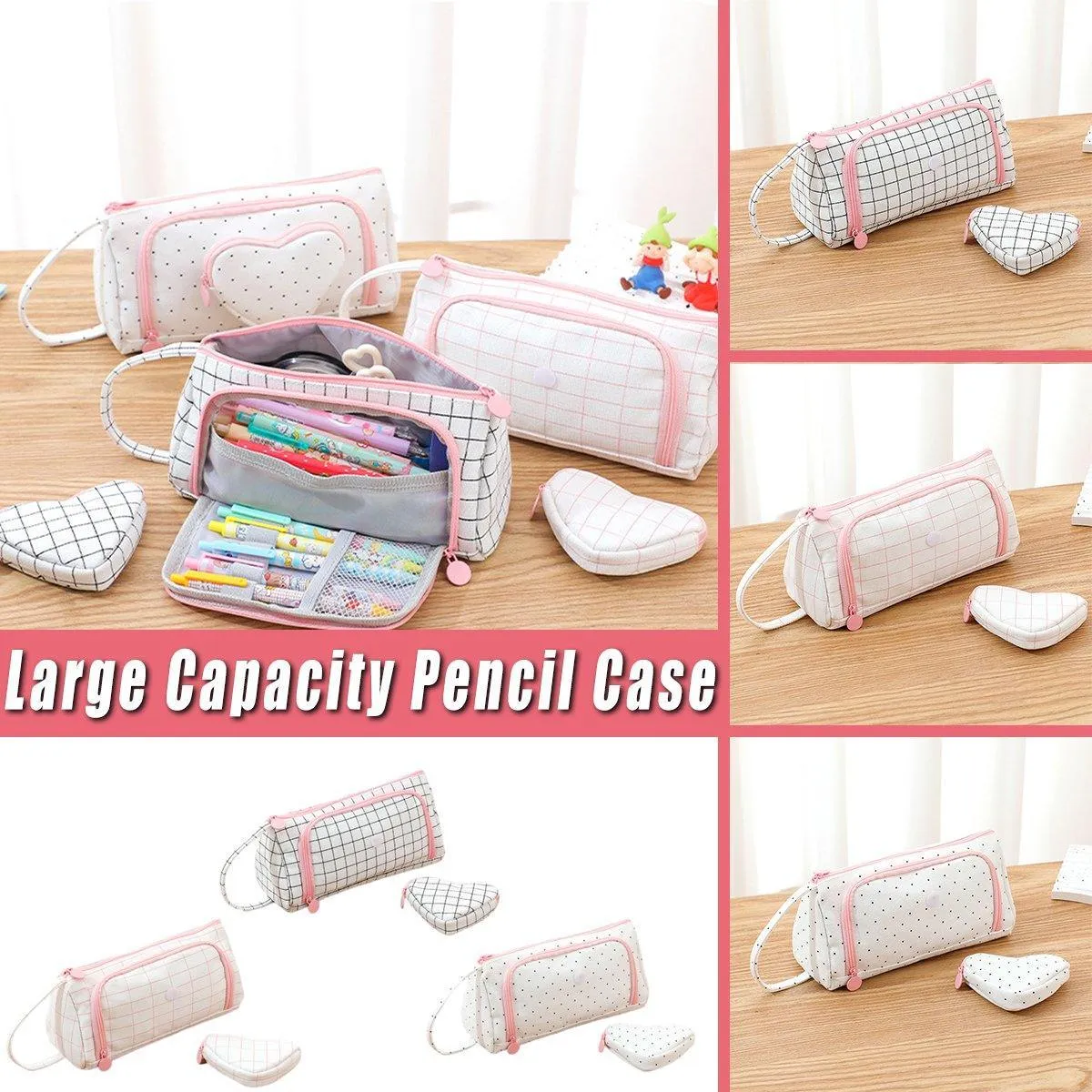 Large Capacity Canvas Pencil Case Plaid Multi-functional Portable Stationery Bag
