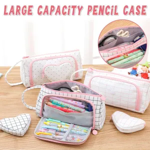 Large Capacity Canvas Pencil Case Plaid Multi-functional Portable Stationery Bag