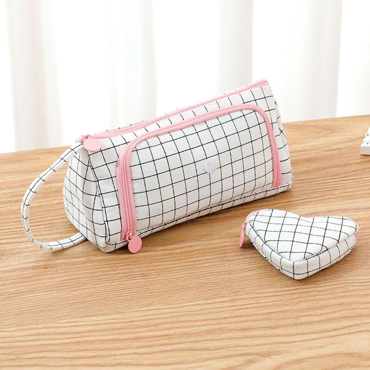 Large Capacity Canvas Pencil Case Plaid Multi-functional Portable Stationery Bag