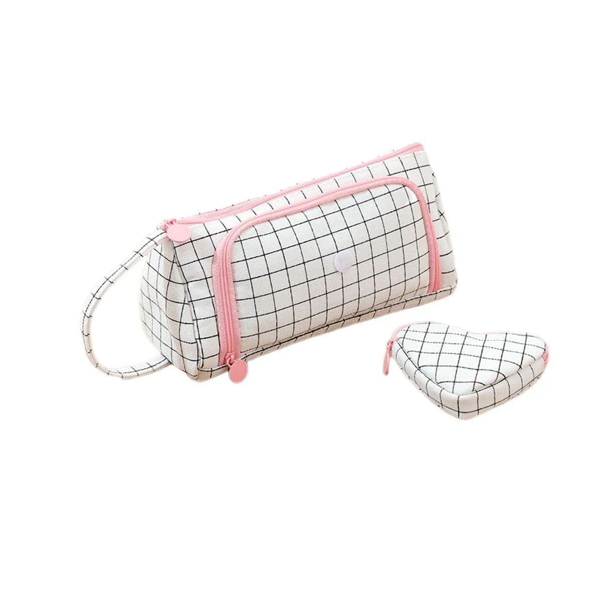 Large Capacity Canvas Pencil Case Plaid Multi-functional Portable Stationery Bag