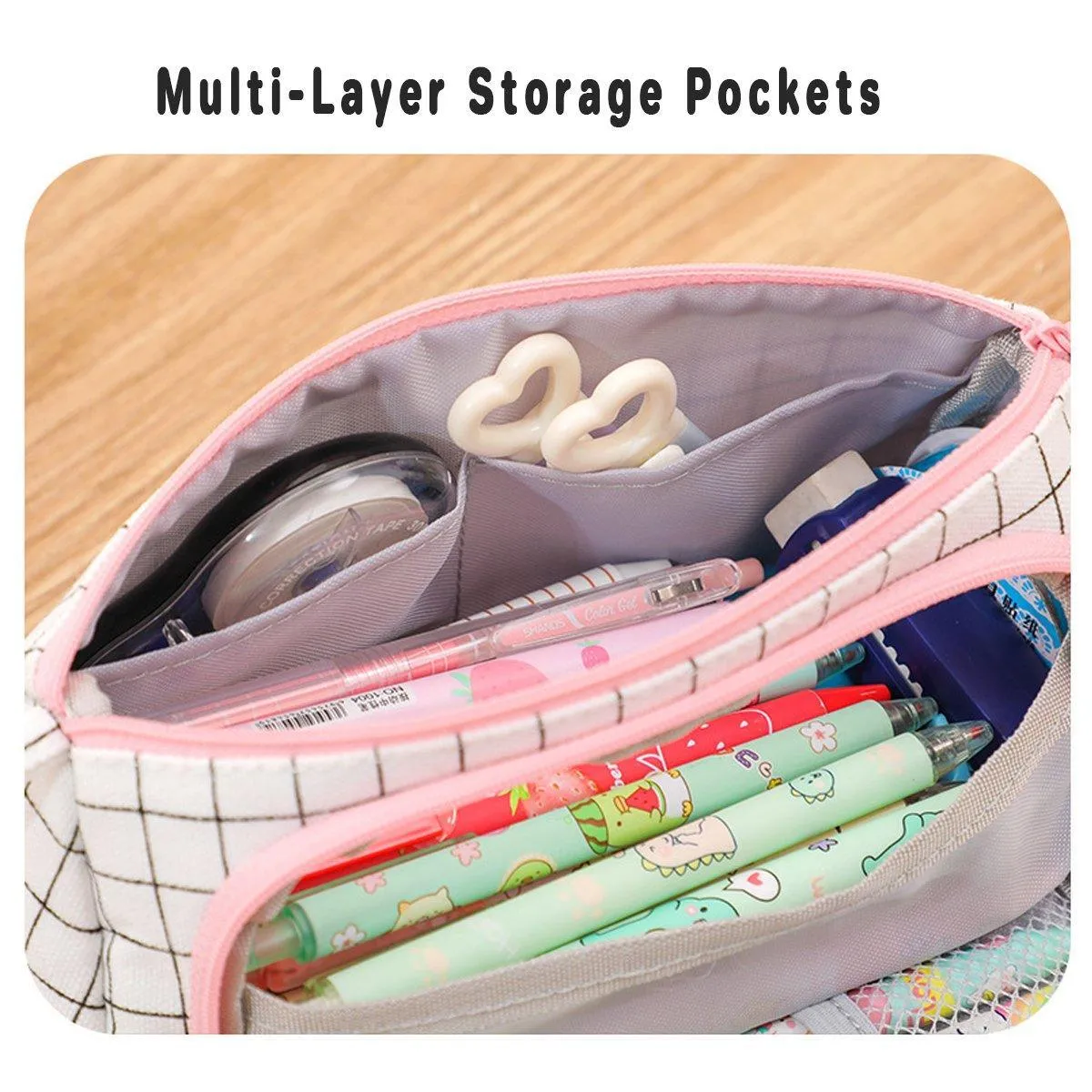 Large Capacity Canvas Pencil Case Plaid Multi-functional Portable Stationery Bag