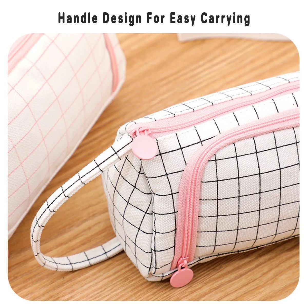 Large Capacity Canvas Pencil Case Plaid Multi-functional Portable Stationery Bag