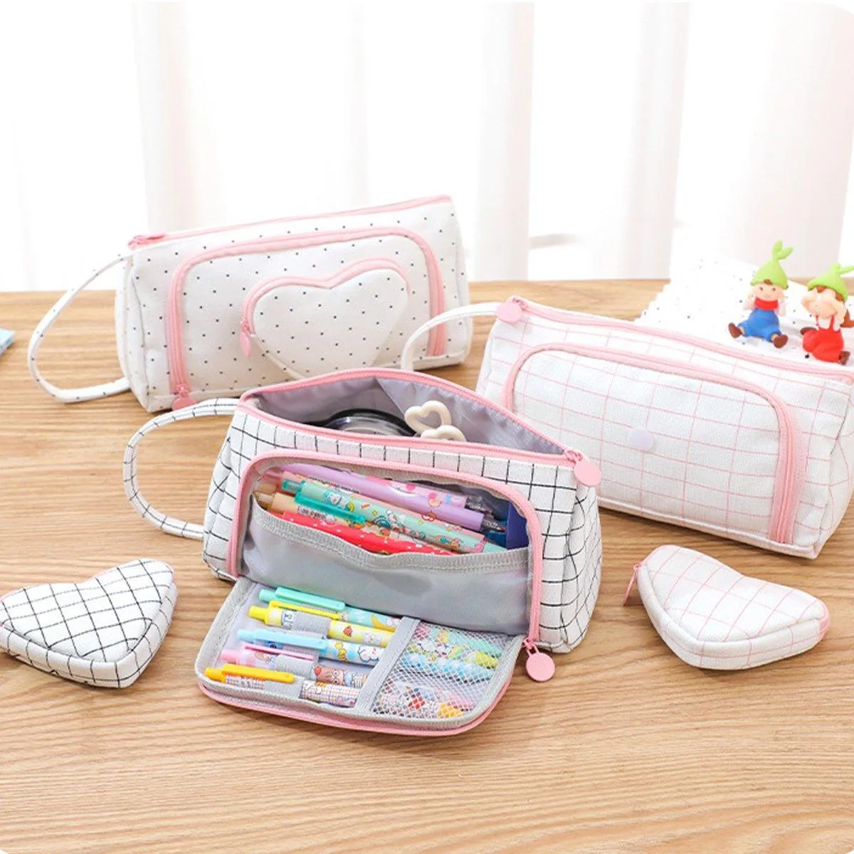Large Capacity Canvas Pencil Case Plaid Multi-functional Portable Stationery Bag