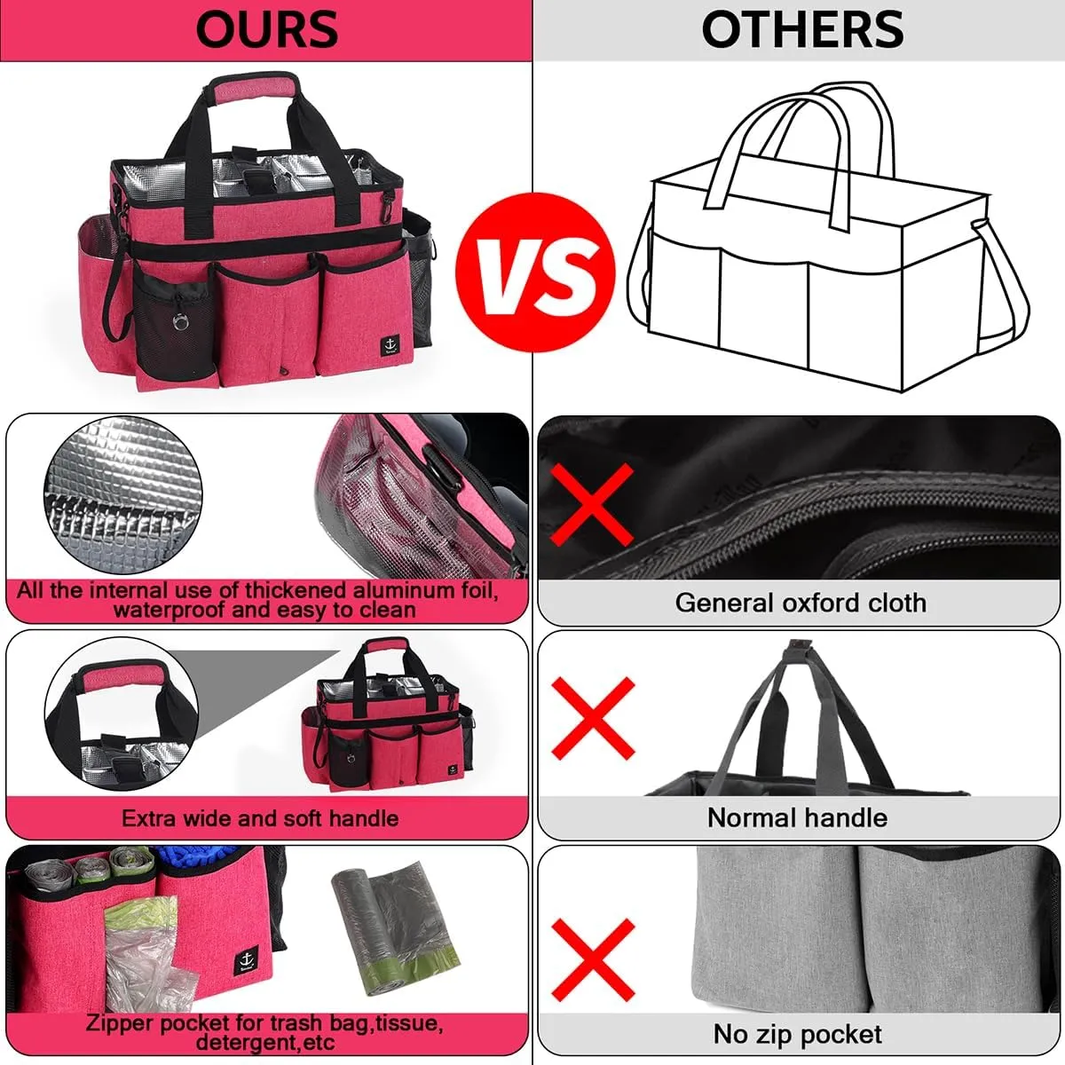 Large Cleaning Caddy Bag Built-in Sturdy Support Board, Cleaning Organizer with Detachable Divider, Cleaning Supply Tote with Adjustable Shoulder Strap&Waist Belt for Cleaners & Housekeeper