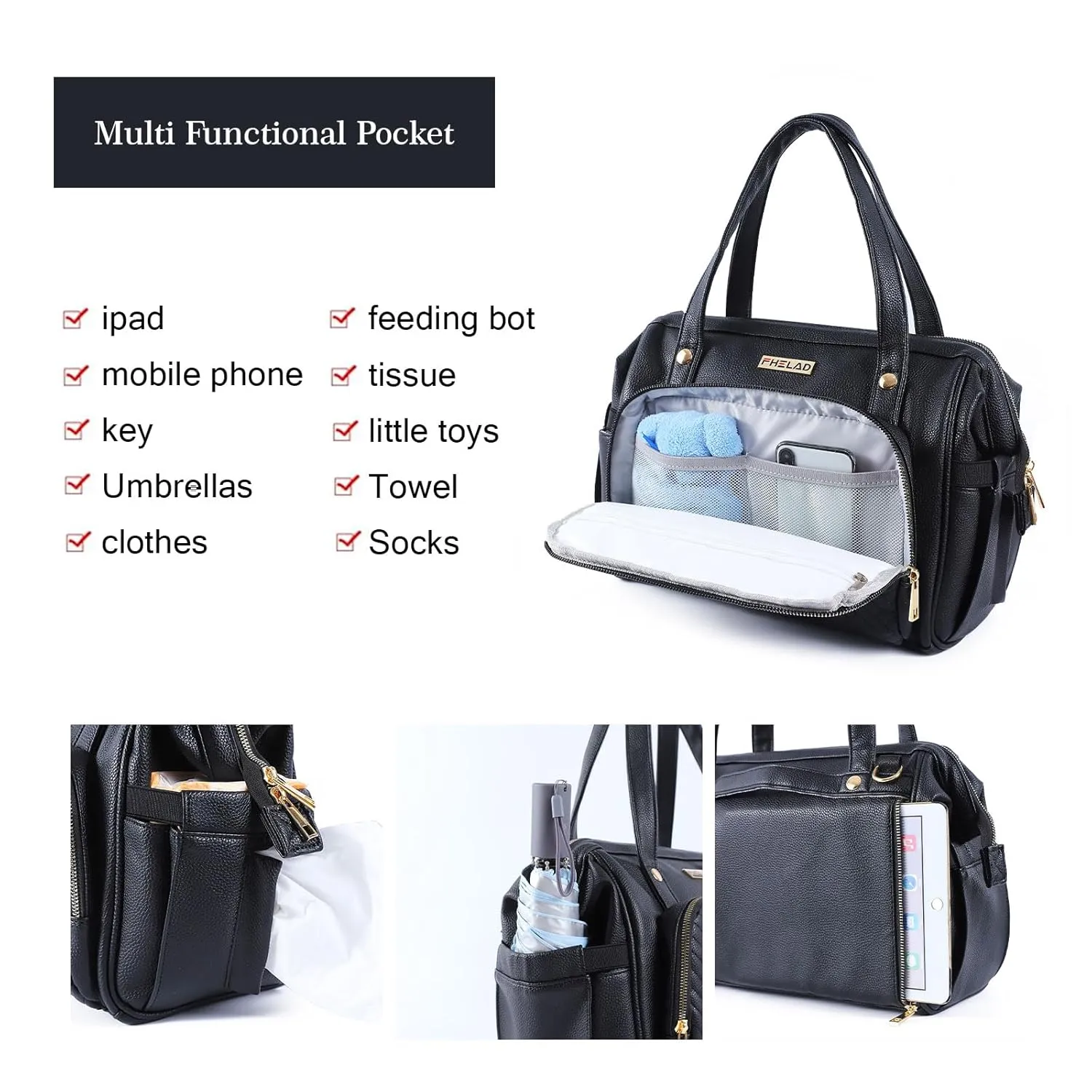 Large Diaper Bag Tote, with 13 Pocket Waterproof Baby Diaper Bag, Stylish Vegan Leather Tote, Organized Nursery Essentials​ (Black)