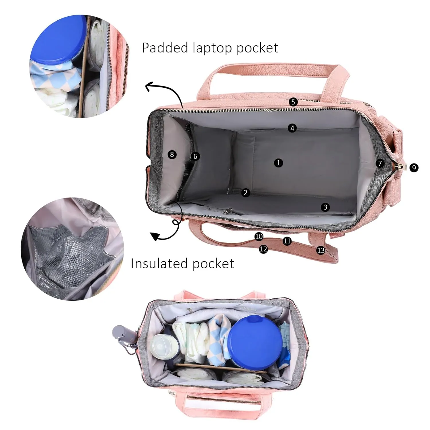 Large Diaper Bag Tote, with 13 Pocket Waterproof Baby Diaper Bag, Stylish Vegan Leather Tote, Organized Nursery Essentials​ (Pink)