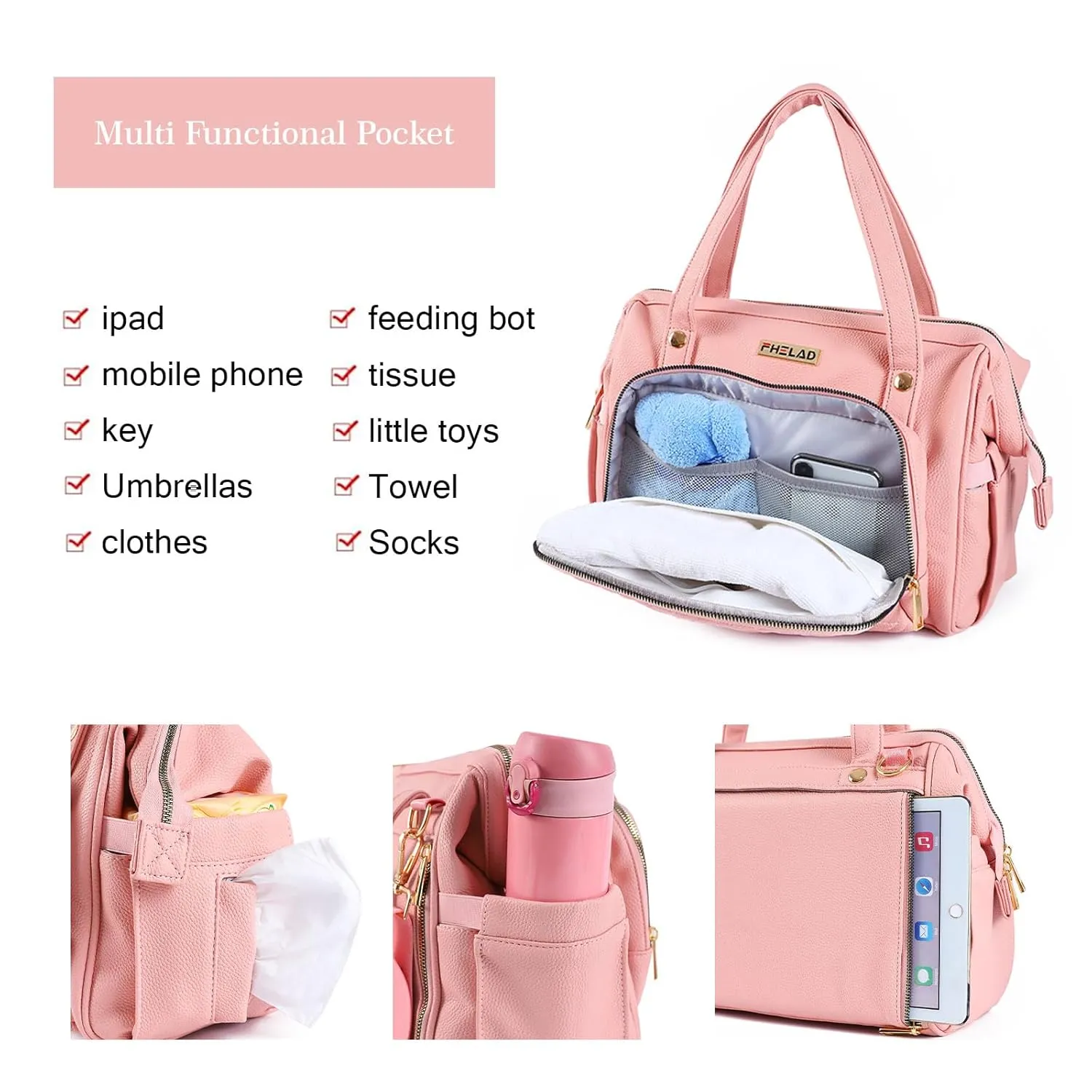 Large Diaper Bag Tote, with 13 Pocket Waterproof Baby Diaper Bag, Stylish Vegan Leather Tote, Organized Nursery Essentials​ (Pink)