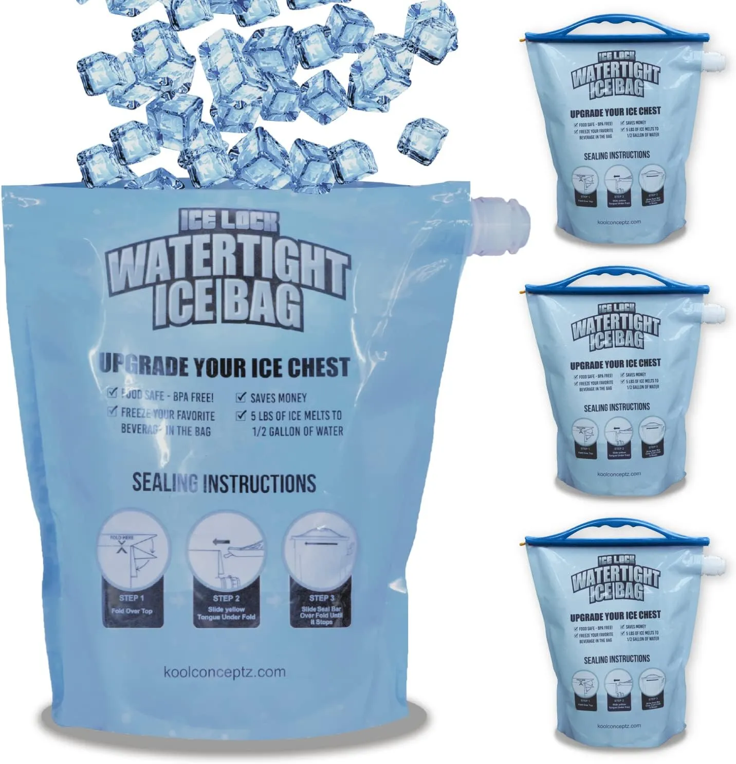 Large Leakproof Ice Bag. Reusable Ice Pack for Cooler - Long Lasting Instant Cooler Ice Packs - Drop in Cubed Ice to Make Cold, Dry Freezer Packs for Coolers - Drink Your Ice When It Melts