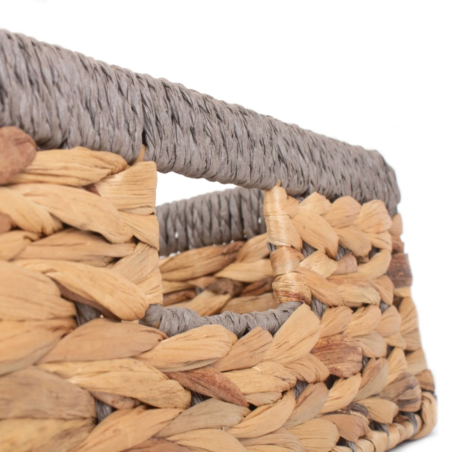 Large Shallow Rectangular Water Hyacinth Storage Tray Basket With Grey Rope Border
