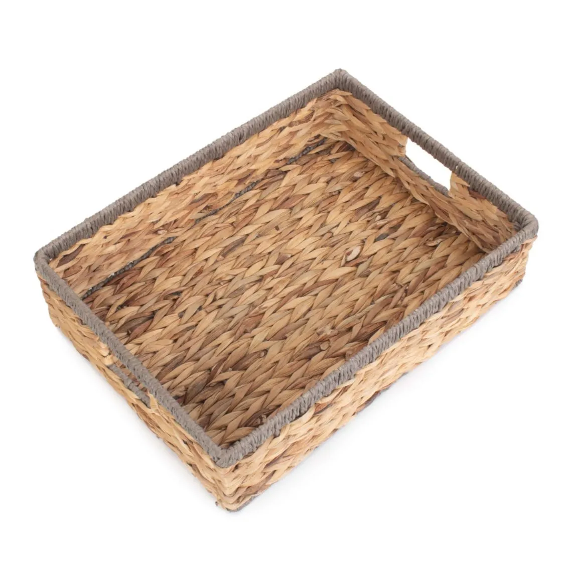 Large Shallow Rectangular Water Hyacinth Storage Tray Basket With Grey Rope Border