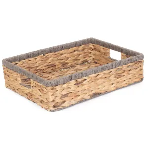 Large Shallow Rectangular Water Hyacinth Storage Tray Basket With Grey Rope Border