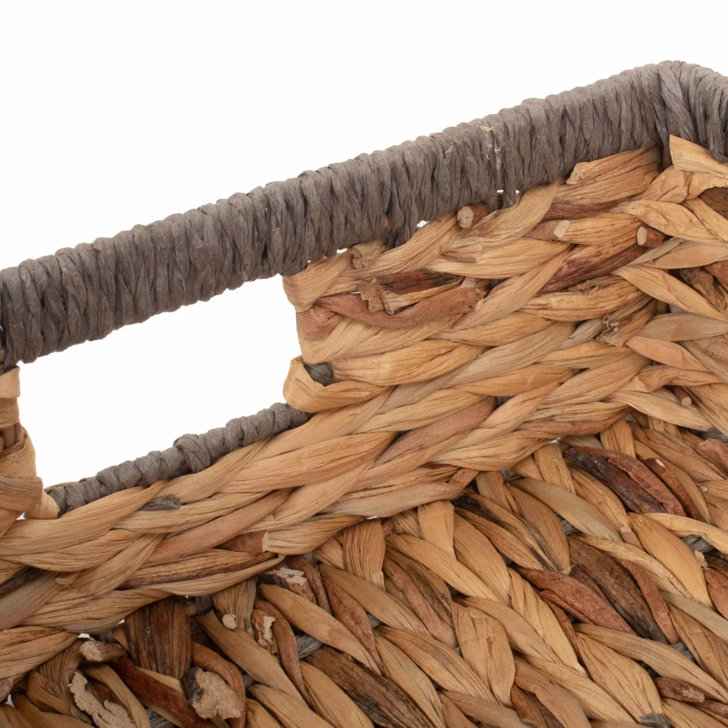 Large Shallow Rectangular Water Hyacinth Storage Tray Basket With Grey Rope Border