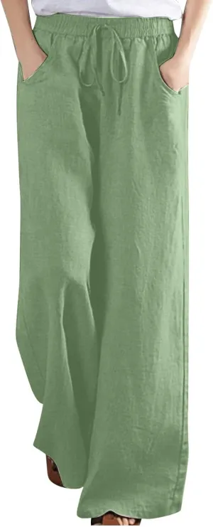 Lastesso Linen Pants Women Plus Size Elastic Waistband Straight Palazzo Flowy Trousers Comfy Summer Cotton Hawaiian Outfits