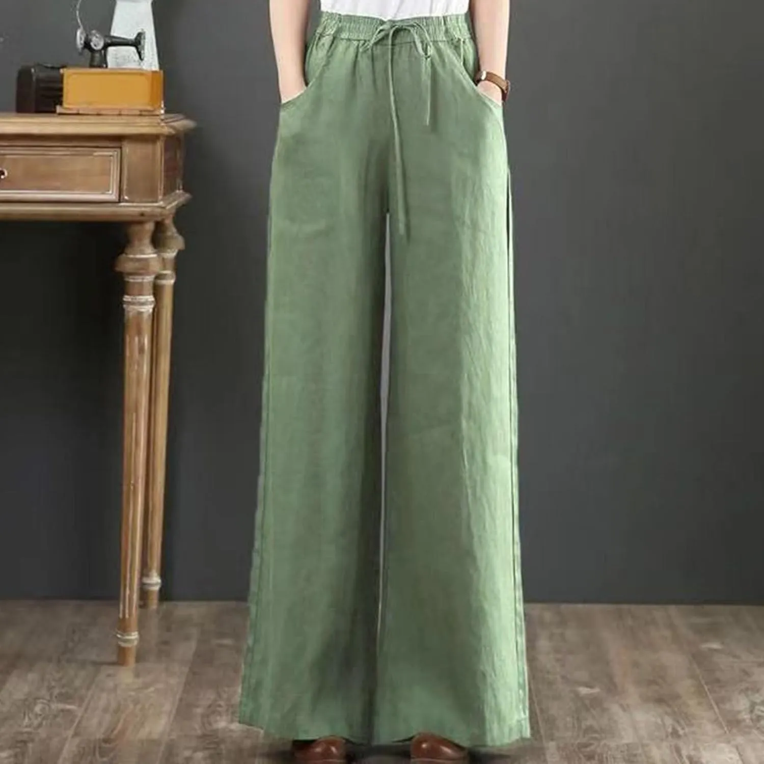 Lastesso Linen Pants Women Plus Size Elastic Waistband Straight Palazzo Flowy Trousers Comfy Summer Cotton Hawaiian Outfits