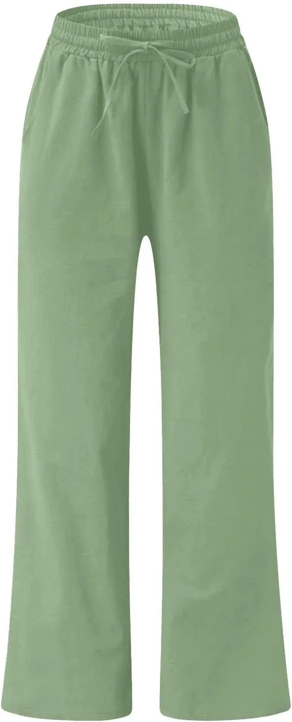 Lastesso Linen Pants Women Plus Size Elastic Waistband Straight Palazzo Flowy Trousers Comfy Summer Cotton Hawaiian Outfits