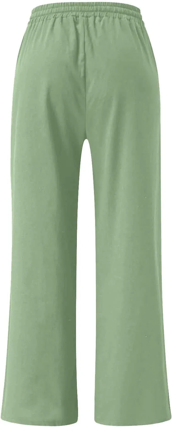 Lastesso Linen Pants Women Plus Size Elastic Waistband Straight Palazzo Flowy Trousers Comfy Summer Cotton Hawaiian Outfits