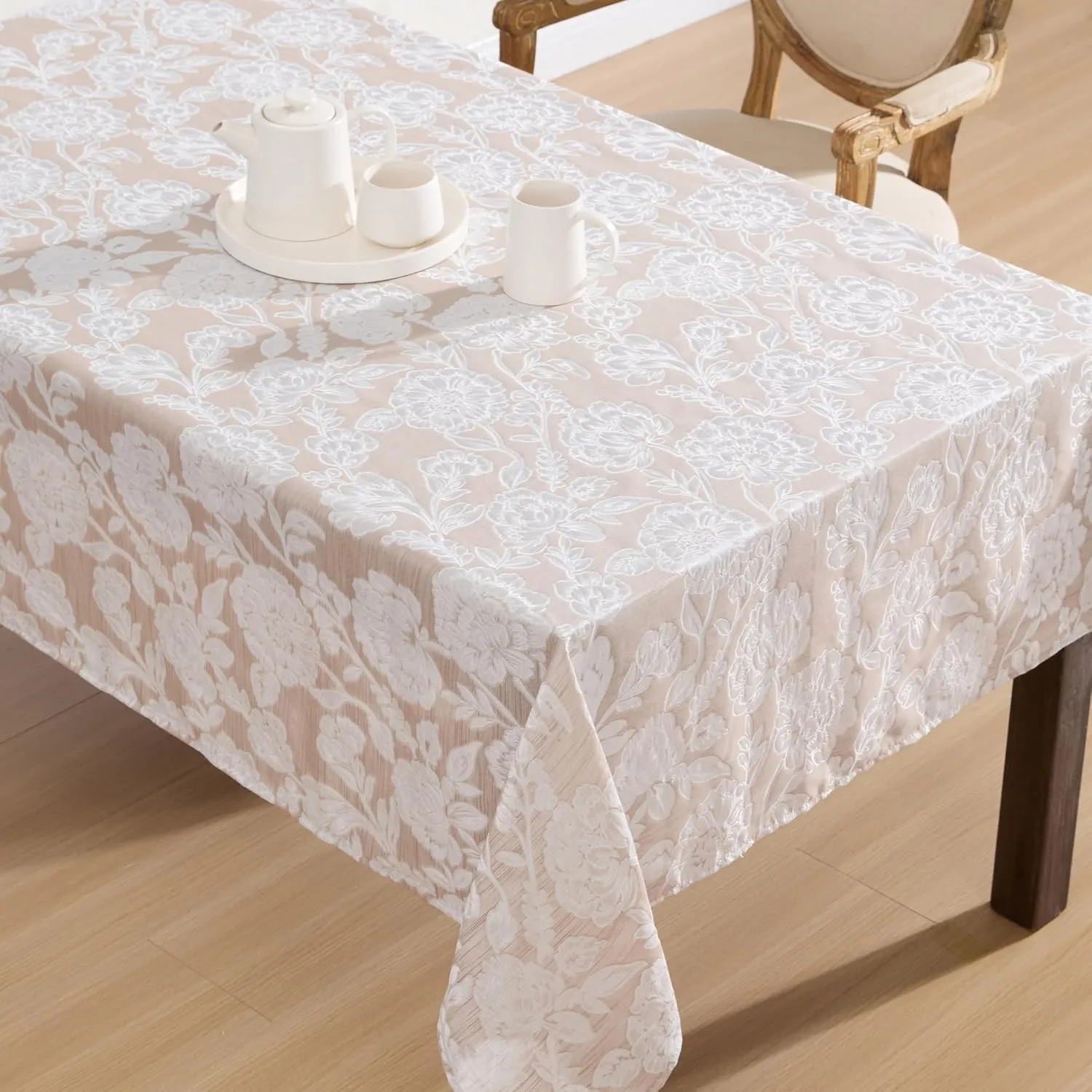 Laura Ashley Annaleigh Tablecloth Jacquard Fabric, Wrinkle Resistant for Dining, Holiday, Party, Wedding or Banquet, 60" x 84", Taupe