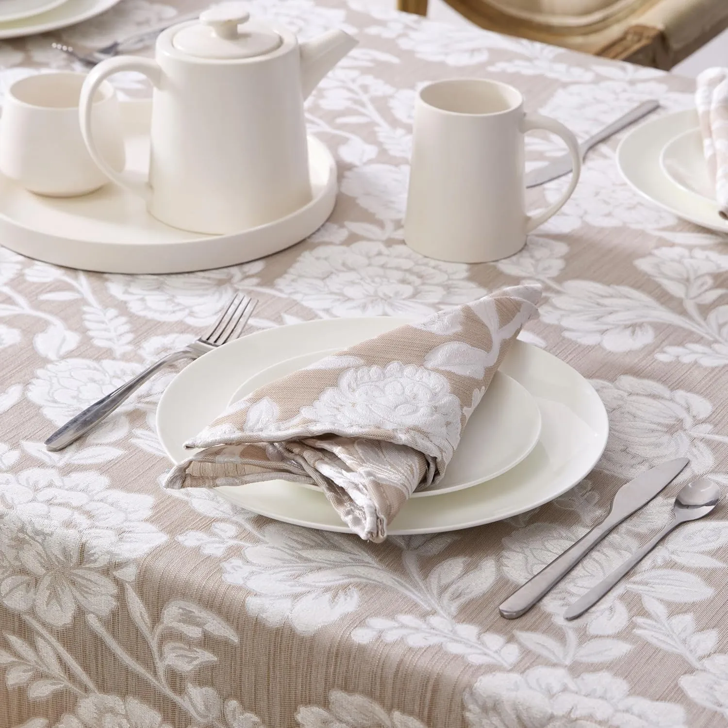 Laura Ashley Annaleigh Tablecloth Jacquard Fabric, Wrinkle Resistant for Dining, Holiday, Party, Wedding or Banquet, 60" x 84", Taupe