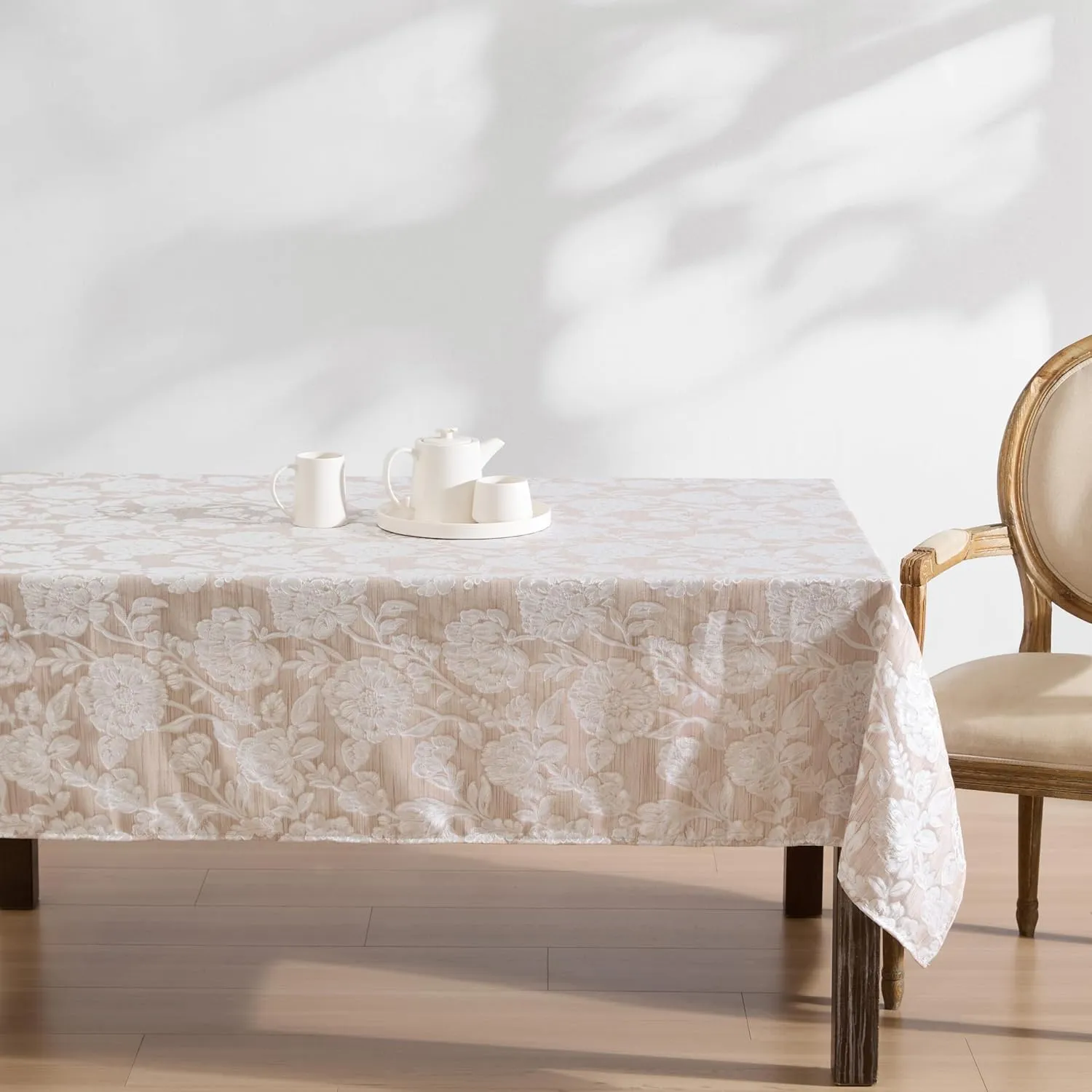 Laura Ashley Annaleigh Tablecloth Jacquard Fabric, Wrinkle Resistant for Dining, Holiday, Party, Wedding or Banquet, 60" x 84", Taupe