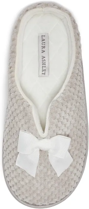 Laura Ashley Womens Memory Foam Slip On Terry Cloth Clog Slippers, Ladies Fuzzy Rubber Bottom Fur Bedroom House Shoes