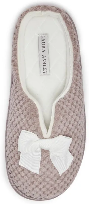 Laura Ashley Womens Memory Foam Slip On Terry Cloth Clog Slippers, Ladies Fuzzy Rubber Bottom Fur Bedroom House Shoes