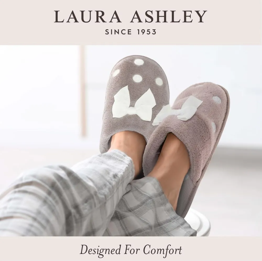 Laura Ashley Womens Memory Foam Slip On Terry Cloth Clog Slippers, Ladies Fuzzy Rubber Bottom Fur Bedroom House Shoes